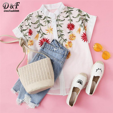 Dotfashion Floral Embroidered Roll-up Cuff Blouse Summer Band Collar Cap Sleeve Tops Casual Batwing Sleeve Button Blouse