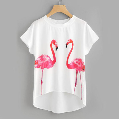 Dotfashion Flamingo Print Batwing Sleeve Dip Hem Blouse White Animal Print High Low Top Round Neck Short Sleeve Blouse