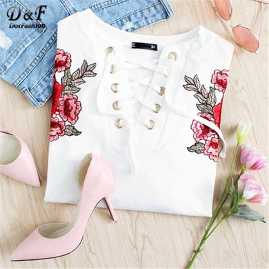 Dotfashion Embroidered Flower Patch Grommet Lace Up Sweatshirt 2017 Autumn Round Neck Pullovers White Long Sleeve Sweatshirt
