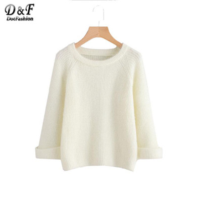 Dotfashion Cuffed Raglan Sleeve Solid Sweater White Round Neck Loose Pullovers Female 2017 Autumn Long Sleeve Sweater
