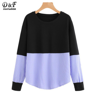 Dotfashion Contrast Stripe Drop Shoulder Sweatshirt Woman Round Neck Long Sleeve Pullover 2017 Ladies Autumn Sweatshirt