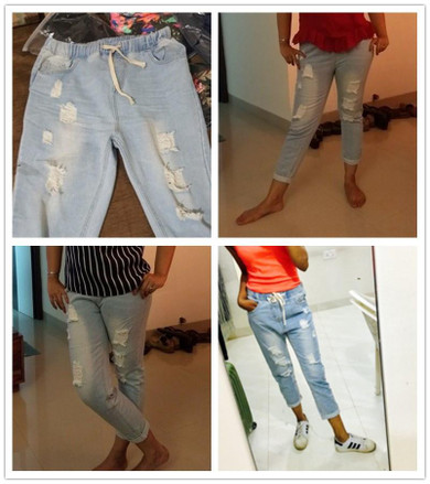 Dotfashion Bleach Wash Crop Distressed Jeans 2017 Women Drawstring Waist Ripped Pants Autumn Elastic Waist Pocket Jeans