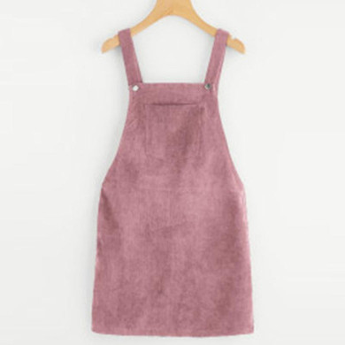 Dotfashion Bib Pocket Front Overall Short Dress 2018 Pink Zip Button Pinafore Shift Dress Female Sleeveless Plain Dress