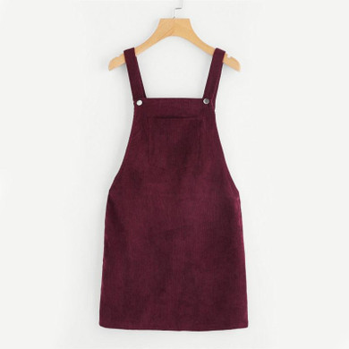 Dotfashion Bib Pocket Front Overall Dress 2017 Burgundy Square Neck Pinafore Cute Shift Dress Sleeveless Short Dress