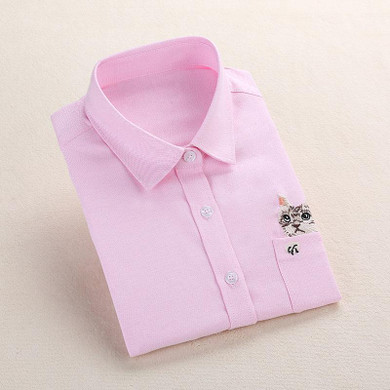 Dioufond Women School Shirt White Blue Tops Ladies Blouses Long Sleeve Shirt Female Office Top Pocket With Cat Embroidery