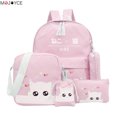 5pcs Preppy Casual Shoulder Bag Clutch Bag Drawstring Women Travel Rucksack Style Students Canvas Cat Backpack Teenager Girls