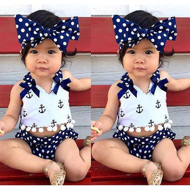3Pcs/set Infant Baby Girls Clothes Anchor Tops+Polka Dot Briefs+Head Band Outfits Set Sunsuit 0-24M