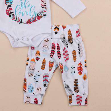 3PCS Set Newborn Baby Girl Feather Clothing Long Leeve Romper +Long Pants Hat Outfits Clothes 0-24M