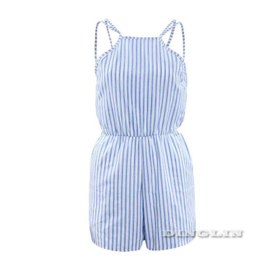 GZDL Casual Summer Women Beach Party Playsuit Sexy Slim Striped Halter Bodysuit Backless Off Shoulder Rompers Jumpsuit CL2841