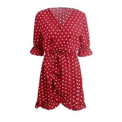 GUMPRUN Polka Dot Print Elagant Red Dress Women Sexy V Neck Ruffles Short Dresses Summer 2018 Casual Beach Dress vestidos female