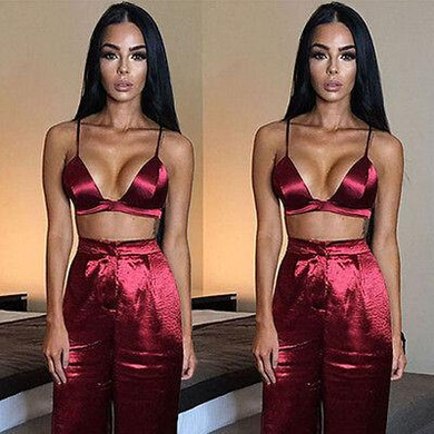 2pieces! Wine Red Fashion Spandex Bustier +Pants Fashion Women Loose Stretch High Waist Wide Leg Long Pants Palazzo Trousers