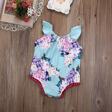 Newborn Infant Baby Girls Sleeveless Floral Flower Pom Romper Jumpsuit Sunsuit Clothes 0-18M
