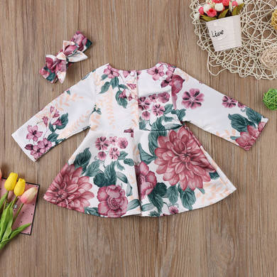 Cute Newborn Baby Girls Long Sleeve Floral Dress Headband Outfits Kids 2pcs Clothes Sweet Girl Princess Dress