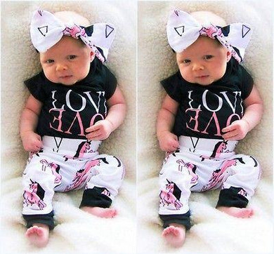 3PCS Newborn Baby Boy Girl Clothes 2017 Summer LOVE Cotton Romper + Pant +Headband Outfit Bebek Giyim Clothing Set