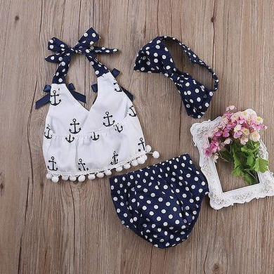 3pcs Baby Girl Clothes Set Baby Anchor Tops+Polka Dots Briefs Summer Outfits Set Sunsuit Costume