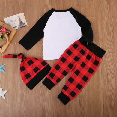3Pcs Baby Christmas Clothing Sets Newborn Baby Boy Girl Long Sleeve Tops Romper Plaid Pants Hat Fashion Outfits Set Clothes