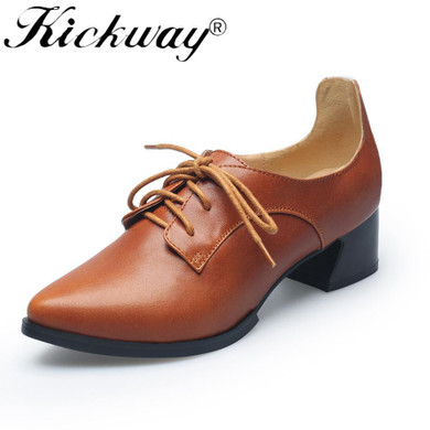 Kickway Women Genuine Leather Shoes Pumps Shoes Woman 2018 Strange Style Thick Heel Med Heel Pointed Toe Shoes Plus Size 34-43