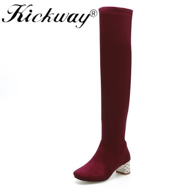 Kickway FauxSuede Women Boots Shoes Winter Knee High Boots Sexy Stretch Over The Knee High Boots Black Slim Fit Thigh High Heels