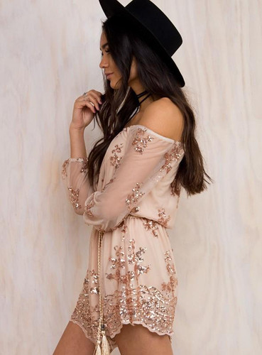 Khaleesi Long sleeve off shoulder sequin rompers womens glitter Jumpsuit Playsuit slash Neck Shorts Overalls Combishort bodysuit