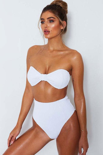 Ribbed Bowknot Bandeau Bikini Swimsuit - Two Piece Set