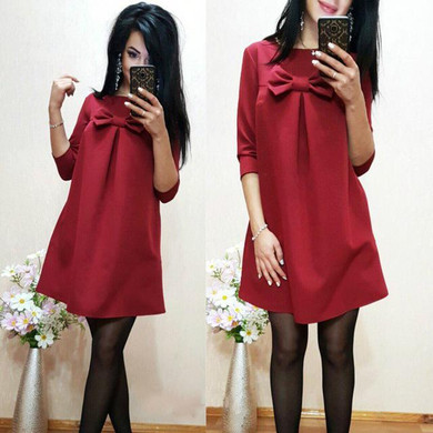 Cute Bow-knot Loose Straight Autumn Dress 2017 Women Fashion Beach Style Dress Solid Color Half Sleeve Dresses Plus Size