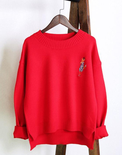 NiceMix Cartoon Fox Embroidery Sweater Women 2018 Winter Ladies Loose Pullover Split Asymmetry Sweater Female Knit Pullovers