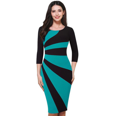 Nice-forever Vintage Stylish Pink Patchwork 3/4 Sleeve O-Neck Tunic Bodycon Wear to Work Office Casual Pencil Women Dress B390