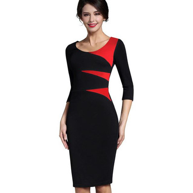Nice-forever Vintage Stylish Ladylike Casual Patchwork 3/4 Sleeve O-Neck Bodycon Women Office Wear to work Pencil Dress B346
