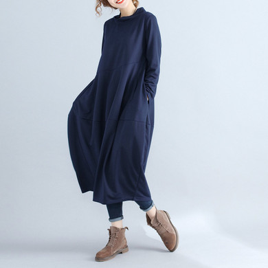 Johnature Women Turtleneck Dress Brief 2017 Spring Autumn New Casual Long Sleeve Pullover Loose Robe Cotton Women Soft Dresses