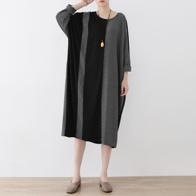 Johnature Women Vintage Dress Autumn 2017 New Cotton Striped Asymmetry Comfortably Soft O-Neck Batwing Sleeve Loose Dresses