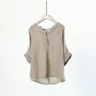 Johnature Women Striped Shirts 2018 Summer New Batwing Sleeve Casual Blouses Linen Japanese Blouse Loose Vintage Simple Top