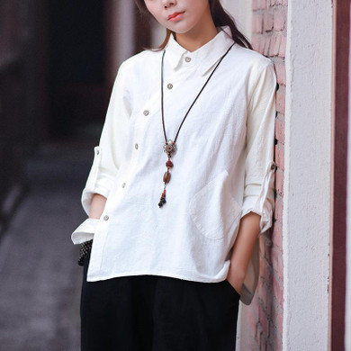 Johnature Women Shirts Cotton Linen Irregular Blouses Casual 2017 Autumn New Long Sleeve Turn-Down Collar Fashion Tops Plus Size