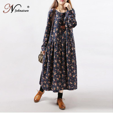 Johnature Women Print Floral Dress 2018 Spring New Korean Fashion Women Long Sleeve Casual O-Neck Mori Girl Dress