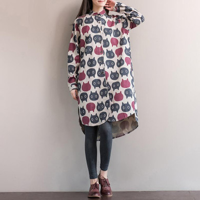 Johnature Women Print Cat Dress 2018 Autumn New Long Sleeve Casual Sweet Cotton Linen Mori Girl Women Clothes Dress