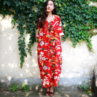Johnature Floral Flower Pint V-neck Cotton Linen Vintage Dress Three Quarter Sleeve Women Plus Size Loose 2017 New Spring Robe