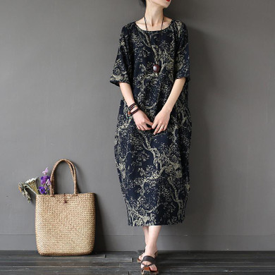 Johnature Cotton Linen Vintage Flower Pint Women Fall Dress Half Sleeve O-neck Washed Plus Size Loose 2018 New Spring Women Robe