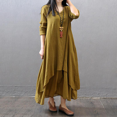 Johnature Cotton Color Women Maxi Dress 2017 Autumn New False Two-piece Long Sleeve Round Neck Loose Plus Size Irregular Dress