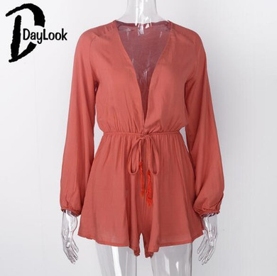 DayLook 2016 Summer Style High Waist Rompers Women Tie Waist Jumpsuit Plunge V Neck Drawstring Waist Pleated Sexy Loose Playsuit