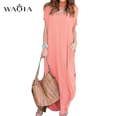 WAQIA Plus Size 2018 Women Summer Dress Cotton Short Sleeve Solid V-neck Maxi Dress Female Loose Boho Beach Party Long Dress