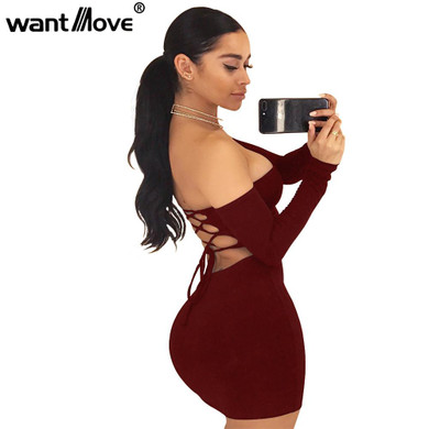 Wantmove 2018 summer dress sexy back lace up off the shoulder mini dress women bodycon club dresses fashion vestidos XD951