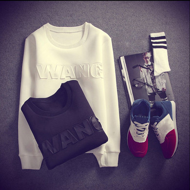 WANG Letter Printed Fleece Hoodie Men Round Collar Long Sleeve Youth Pullovers 2017 Long Sleeve Spring Autumn Sweatshirts Tops
