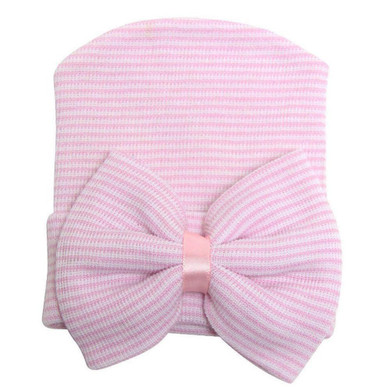 Lovely Baby Girls Infant Striped Cap Hospital Newborn Soft Bow Beanie Hat Gifts