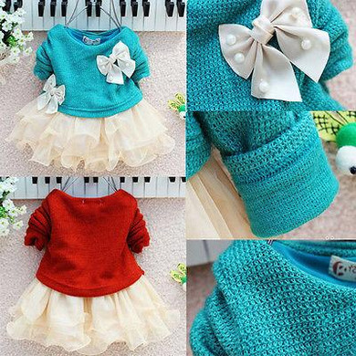 Lovely Baby Girls Dress Knit Crochet Long Sleeve Sweater Tops Lace Bowknot Dresses Clothing