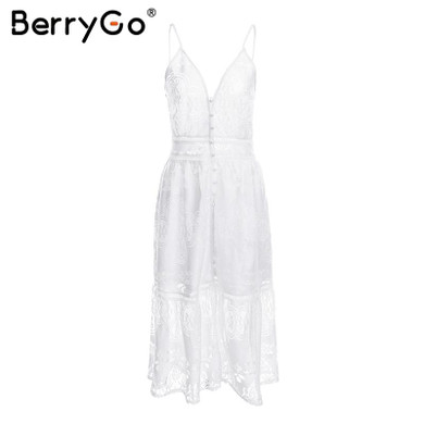 BerryGo v neck sexy lace summer dress women Strap button casual white dress female Streetwear backless midi dress vestidos 2018 BerryGo v neck sexy lace summer dress women Strap button casual white dress female Streetwear backless midi dress vestidos 2018