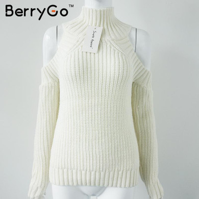 BerryGo turtleneck off shoulder sexy pullover sweater women Tricot oversize jumper pull femme Autumn fashion knitted top