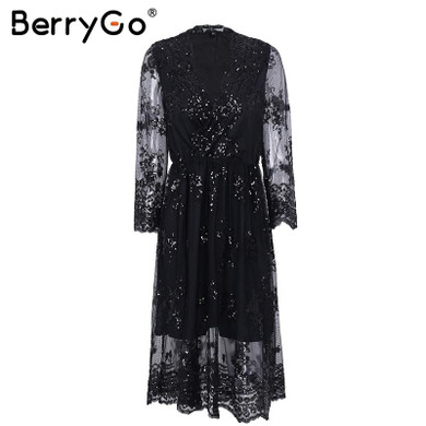 BerryGo V neck elegant long sleeve sequin party dress women Sexy mesh midi dress femme christmas dress vestido de festa