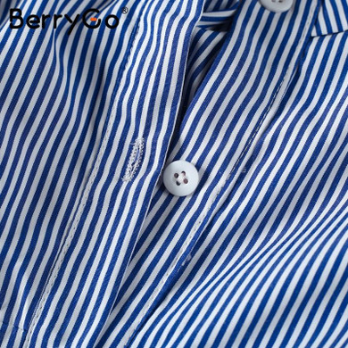BerryGo Striped bow short dress shirt Casual long sleeve v neck dress streetwear Women buttons summer dress slash neck vestidos