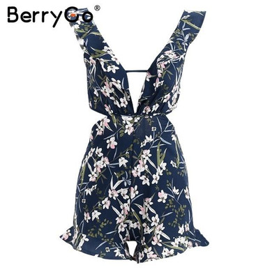 BerryGo Sexy ruffle floral print jumpsuit romper Causal hollow out summer beach playsuit Women deep v neck backless overalls
