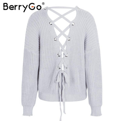 BerryGo Sexy backless lace up knitting pullover Casual autumn winter sweater women tops Fashion hollow out jumper pull femme