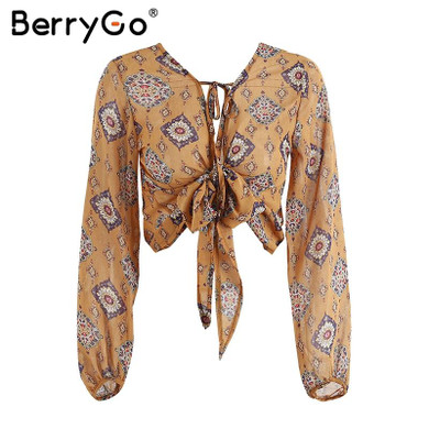 BerryGo Print v neck chiffon blouse shirt Women summer long sleeve crop top blouse 2017 Sexy streetwear bow female blouse blusas